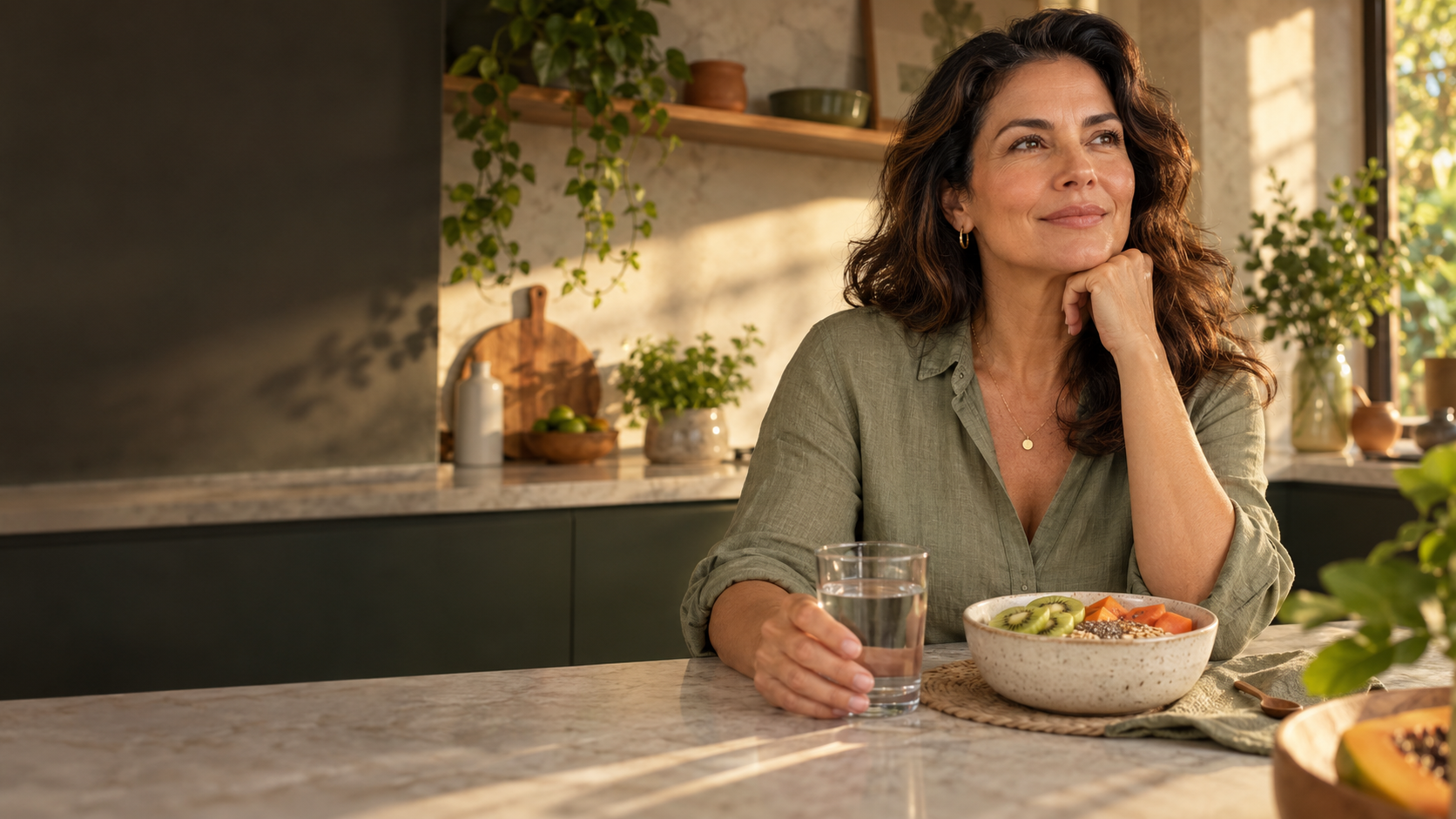 Mulher em uma cozinha iluminada, cuidando da rotina e da alimentação
