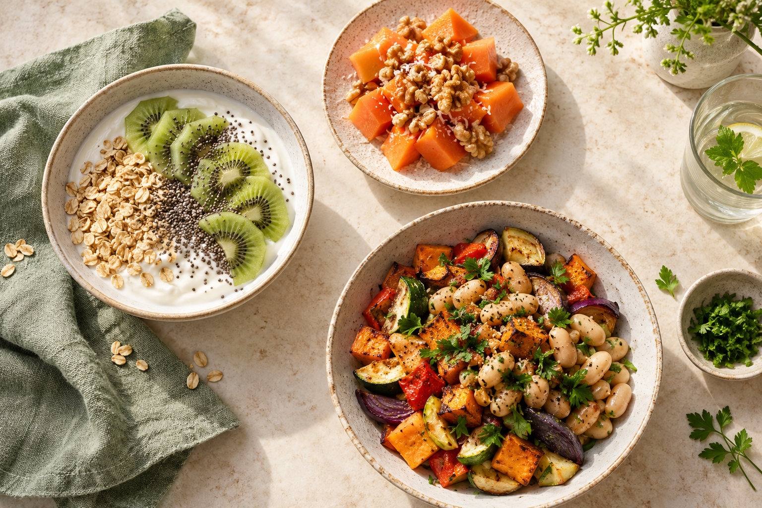 Refeições com frutas, aveia, legumes e feijão